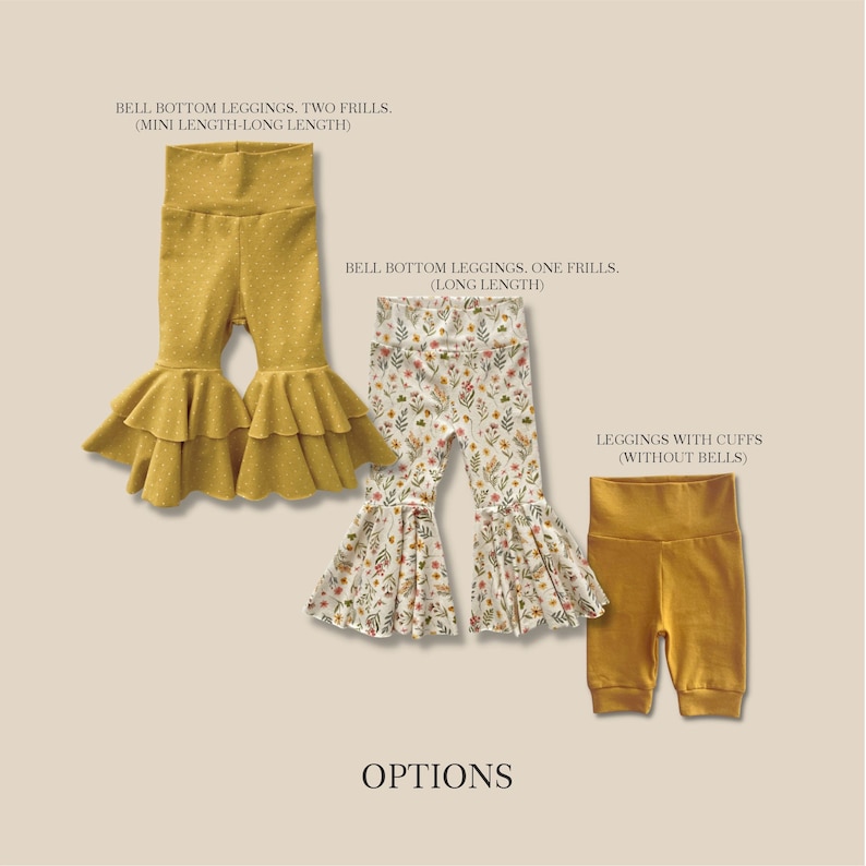 Puede incluir: Tres pares de leggings etiquetados como OPTIONS. Izquierda: leggings acampanados color mostaza con dos volantes. Centro: leggings acampanados con estampado floral y un volante. Derecha: leggings color mostaza lisos con pu&ntilde;os sin campana.