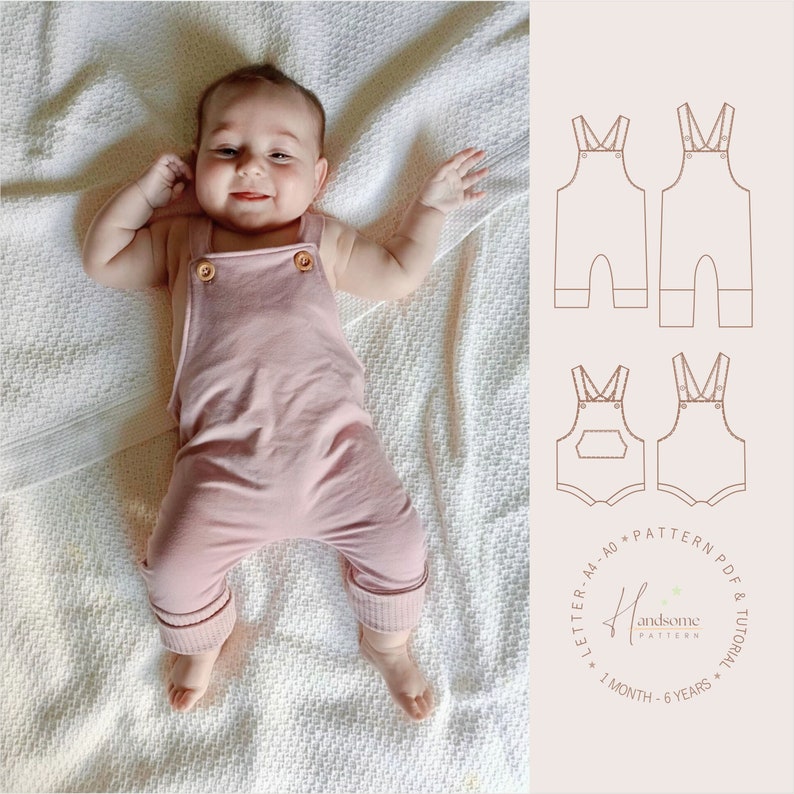 May include: A baby wearing dusty pink overalls with two wooden buttons on the front straps. Beside the baby is a digital illustration showing technical line drawings of the overalls in different styles, labeled with the text Handsome Pattern.