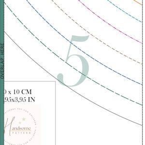 May include: A sewing pattern sheet featuring a large light green number 5, multiple diagonal dashed lines in various colours, and a text box displaying 10 x 10 CM and 3.95 x 3.95 IN. The text OVERLAP HERE is visible along the left edge of the page.