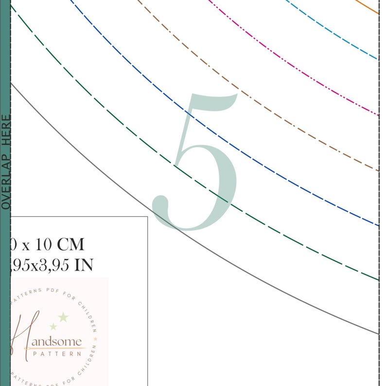 May include: A sewing pattern sheet featuring a large light green number 5, multiple diagonal dashed lines in various colours, and a text box displaying 10 x 10 CM and 3.95 x 3.95 IN. The text OVERLAP HERE is visible along the left edge of the page.