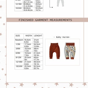 Op de afbeelding: Een maattabel voor baby harembroeken met de titel FINISHED GARMENT MEASUREMENTS. De tabel toont maten van Newborn tot 18/24M met breedtes en lengtes in cm en inches. Twee broekjes zijn afgebeeld: een effen roestkleurige en een met patroon.