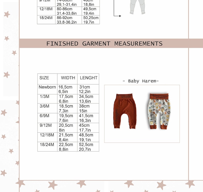Op de afbeelding: Een maattabel voor baby harembroeken met de titel FINISHED GARMENT MEASUREMENTS. De tabel toont maten van Newborn tot 18/24M met breedtes en lengtes in cm en inches. Twee broekjes zijn afgebeeld: een effen roestkleurige en een met patroon.