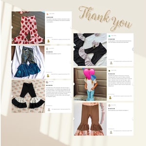 Puede incluir: Una colecci&oacute;n de rese&ntilde;as de clientes para un patr&oacute;n de costura con fotos de pantalones acampanados en varias telas, incluyendo estampado de fresas, negro con volantes azul met&aacute;lico, negro con volantes de lunares y marr&oacute;n con flores.