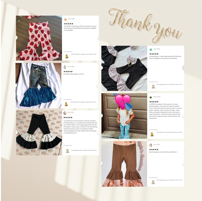 Puede incluir: Una colecci&oacute;n de rese&ntilde;as de clientes para un patr&oacute;n de costura con fotos de pantalones acampanados en varias telas, incluyendo estampado de fresas, negro con volantes azul met&aacute;lico, negro con volantes de lunares y marr&oacute;n con flores.