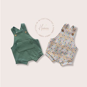 May include: Two rompers with shoulder straps and buttons. One is solid sage green with a front pocket. The other is white with a multi-colored dash pattern. Text in the center reads: Handsome Pattern, Letter-A4-A0, Pattern PDF & Tutorial, 1 Month-6 Years.