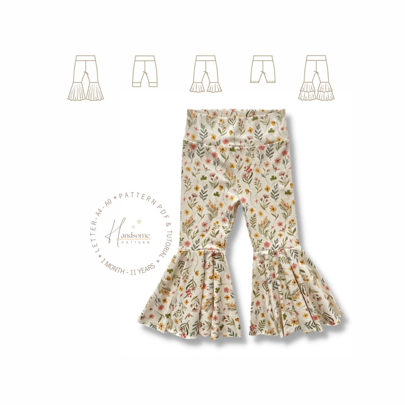 Puede incluir: Pantalones de campana con fondo crema y estampado floral multicolor. Los pantalones tienen una cintura alta y bajos anchos con volantes. Sobre los pantalones hay cinco bocetos de l&iacute;neas que muestran variaciones del dise&ntilde;o.