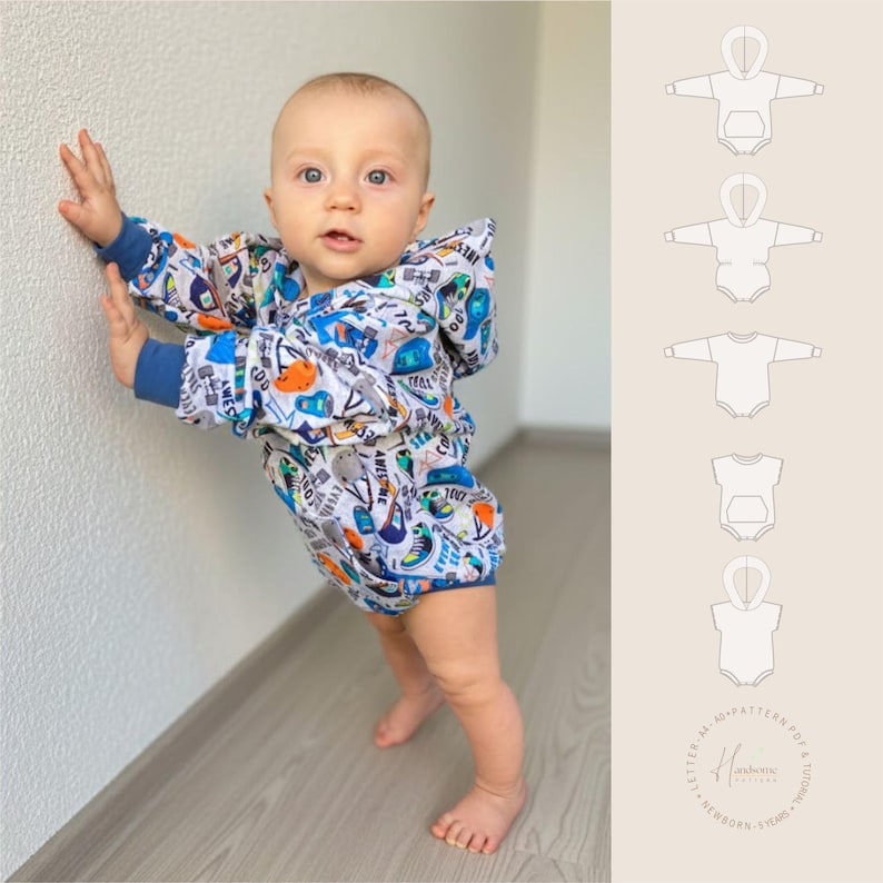 May include: A baby romper with a hood and long sleeves, featuring a multi-colored graphic print of sneakers, text, and shapes on a light gray background. The garment has solid blue cuffs and a front pocket. A technical line drawing pattern is shown.