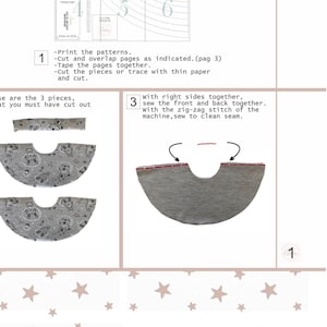 May include: A sewing instruction sheet featuring numbered steps, diagrams of cut fabric pieces with a grey space-themed print, and illustrations showing how to sew the front and back pieces together with a zig-zag stitch for a clean seam.