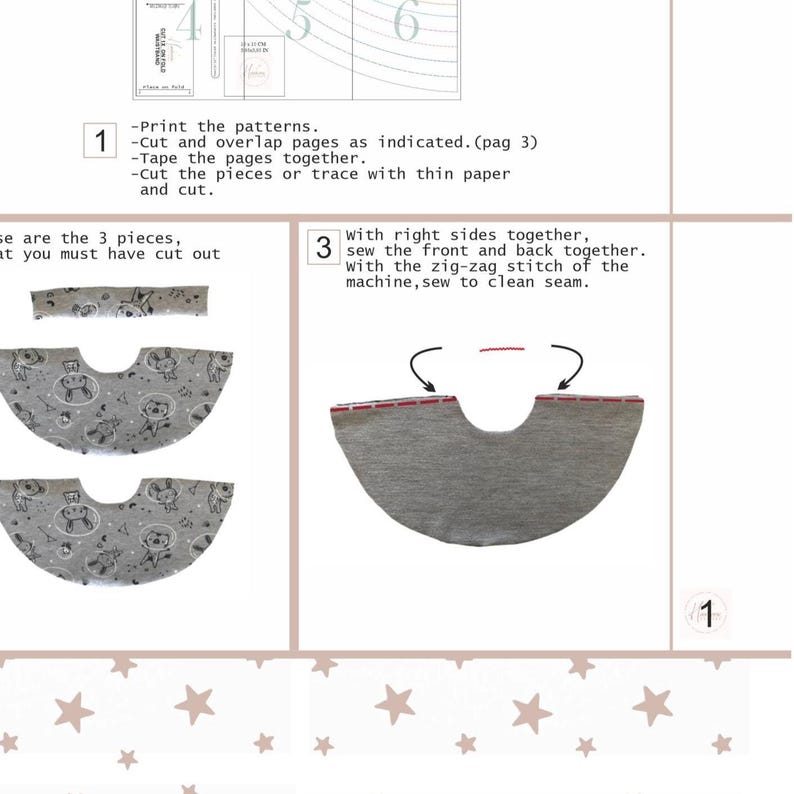 May include: A sewing instruction sheet featuring numbered steps, diagrams of cut fabric pieces with a grey space-themed print, and illustrations showing how to sew the front and back pieces together with a zig-zag stitch for a clean seam.