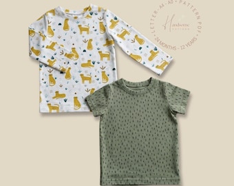Naaipatroon kindert-shirt pdf, eenvoudig T-shirt met korte en lange mouw voor beginners, maten: 24 maanden tot 12 jaar.