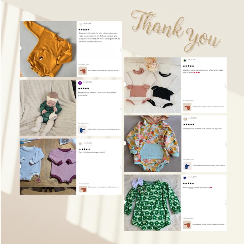 May include: A collage of customer reviews featuring various baby rompers in solid colors like mustard, white, black, and blue, as well as floral and green flower patterns. The images display long-sleeved rompers with pockets and hoods, alongside text.