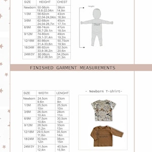 May include: A chart showing finished garment measurements for a newborn t-shirt in various sizes. The chart includes measurements for height, chest, width, and length in both inches and centimeters. The chart is accompanied by a visual representation of a newborn t-shirt with labels for width and length.
