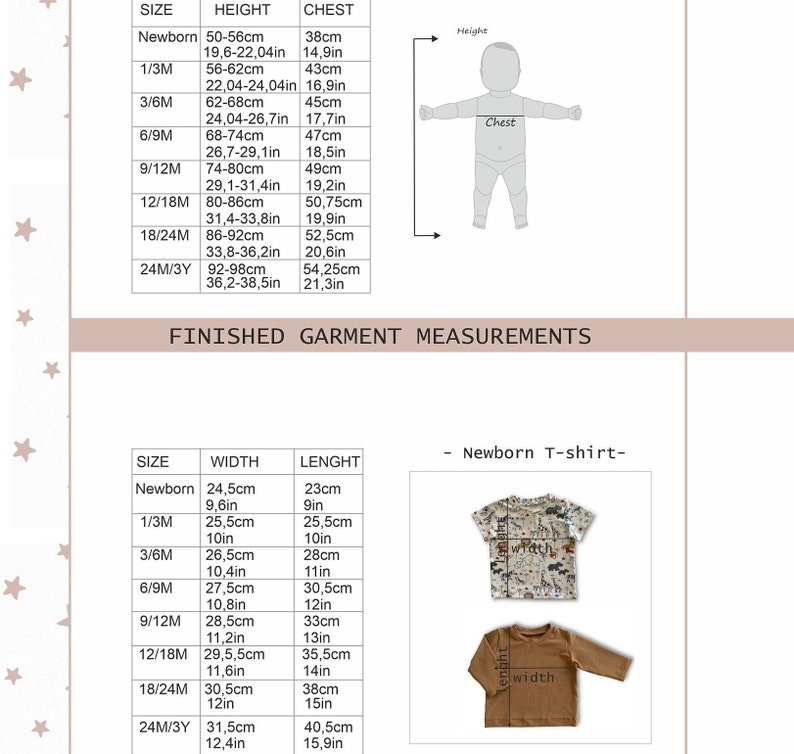 May include: A chart showing finished garment measurements for a newborn t-shirt in various sizes. The chart includes measurements for height, chest, width, and length in both inches and centimeters. The chart is accompanied by a visual representation of a newborn t-shirt with labels for width and length.