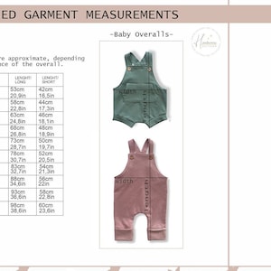 May include: A size chart for baby overalls featuring a sage green short-leg overall and a dusty rose long-leg overall. The chart displays measurements in centimeters and inches, labeled with length and width indicators for both garment styles.