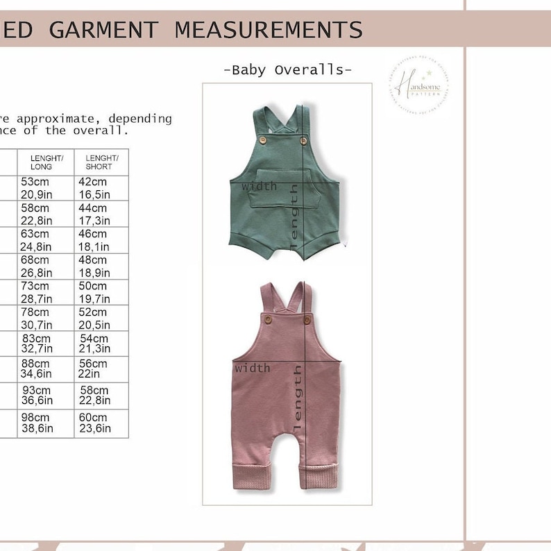 May include: A size chart for baby overalls featuring a sage green short-leg overall and a dusty rose long-leg overall. The chart displays measurements in centimeters and inches, labeled with length and width indicators for both garment styles.