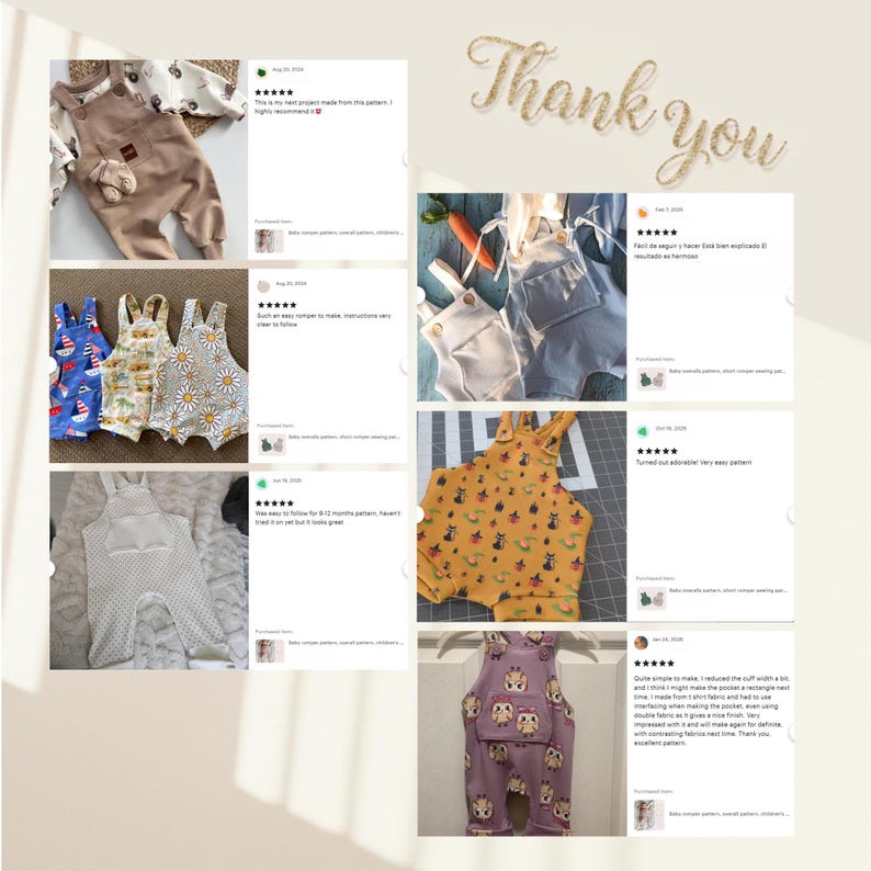 May include: A collage of customer reviews featuring various baby rompers and overalls in different colors and patterns, including solid tan, blue, yellow with cat prints, white with polka dots, and floral designs, alongside the text Thank you.