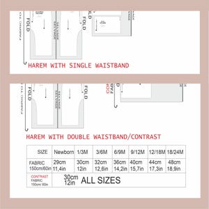 Op de afbeelding: Een naaipatroon voor een harembroek met twee varianten: &eacute;&eacute;n met een enkele tailleband en &eacute;&eacute;n met een dubbele tailleband. De afbeelding bevat een maattabel met afmetingen in zowel centimeters als inches voor maten van pasgeborene tot 24 maanden.