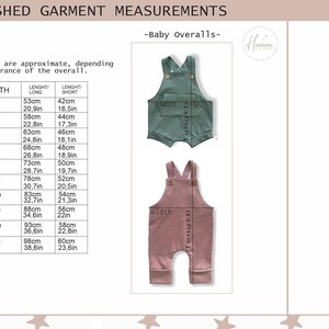 May include: Two baby overalls are shown, one in dusty rose and the other in teal. They feature wooden button fastenings and front pockets. A chart with garment measurements in cm and inches is included, detailing width and length.