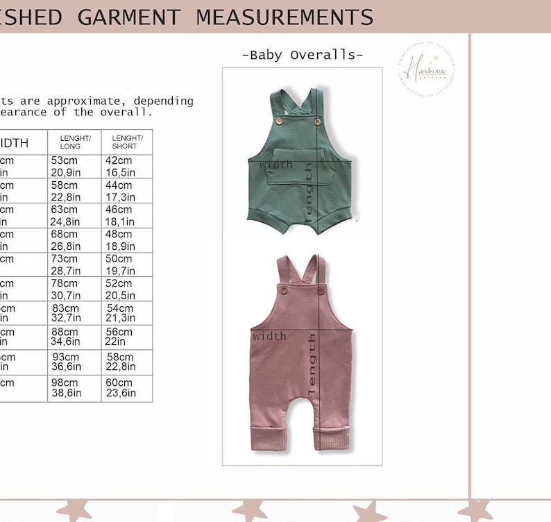May include: Two baby overalls are shown, one in dusty rose and the other in teal. They feature wooden button fastenings and front pockets. A chart with garment measurements in cm and inches is included, detailing width and length.