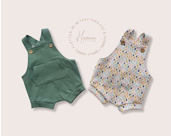 Baby overalls pattern, short romper sewing pattern PDF, grow with me baby romper pattern, jumpsuits with pocket, toddlers romper patterns.