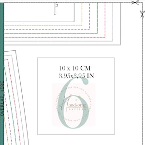 Op de afbeelding: Een digitaal naaipatroon met geneste stippellijnen in zwart, oranje, paars, groen en rood. Een centraal vierkant toont de tekst 10 x 10 CM en 3,95 x 3,95 IN, met een logo van Handsome Pattern en een groot cijfer 6 in de achtergrond.