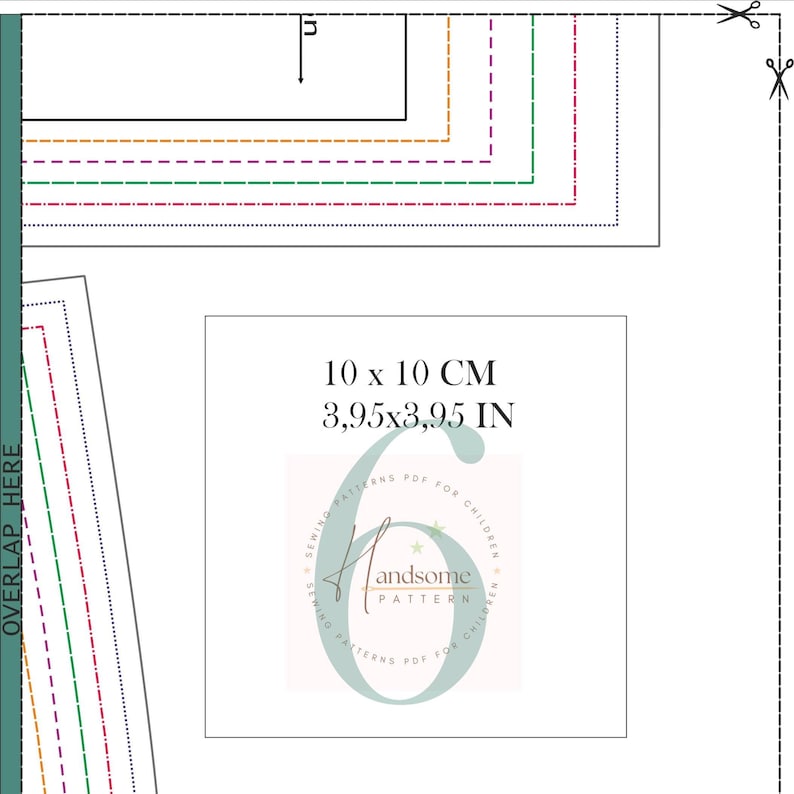 Op de afbeelding: Een digitaal naaipatroon met geneste stippellijnen in zwart, oranje, paars, groen en rood. Een centraal vierkant toont de tekst 10 x 10 CM en 3,95 x 3,95 IN, met een logo van Handsome Pattern en een groot cijfer 6 in de achtergrond.