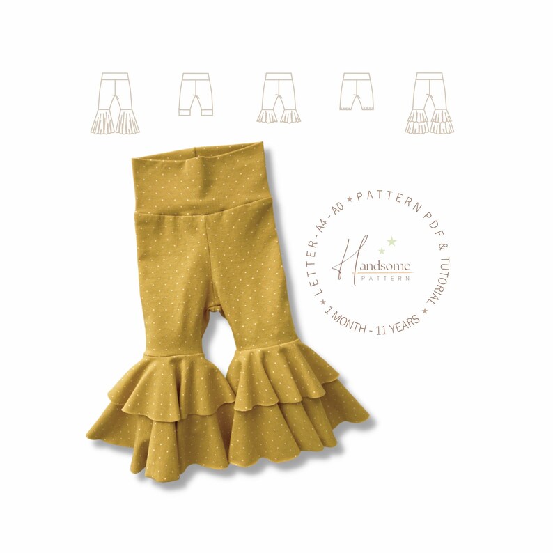 Puede incluir: Pantalones de color amarillo mostaza con un patr&oacute;n de puntos blancos, con cintura alta y bajos acampanados de doble volante. La imagen incluye dibujos t&eacute;cnicos de varios estilos de pantalones y el texto Handsome Pattern, Letter, A4, A0, Pattern PDF & Tutorial, 1 Month - 11 Years.