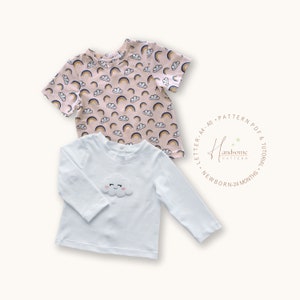 Patrón de costura de camiseta de bebé de manga larga y corta en pdf, Patrón de camiseta de bebé en pdf, costura de camiseta fácil, patrón de camiseta para niño pequeño, 0-24 meses.