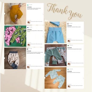Op de afbeelding: Een collage van klantbeoordelingen met diverse handgemaakte babybroekjes en shirts met lange mouwen in verschillende kleuren en patronen, waaronder mosterdgeel, dinosaurusprints, effen blauw, bloemmotieven en regenboogontwerpen, met de tekst Thank you.