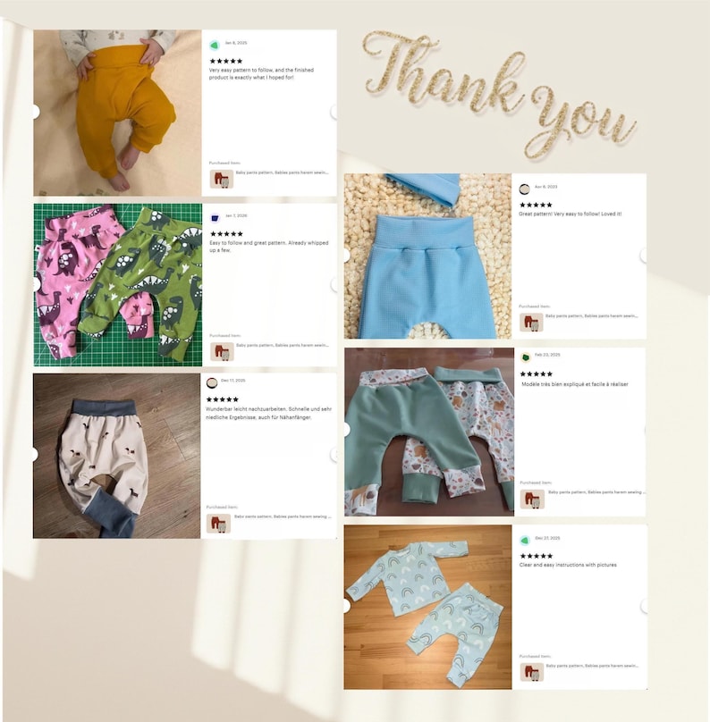 Op de afbeelding: Een collage van klantbeoordelingen met diverse handgemaakte babybroekjes en shirts met lange mouwen in verschillende kleuren en patronen, waaronder mosterdgeel, dinosaurusprints, effen blauw, bloemmotieven en regenboogontwerpen, met de tekst Thank you.