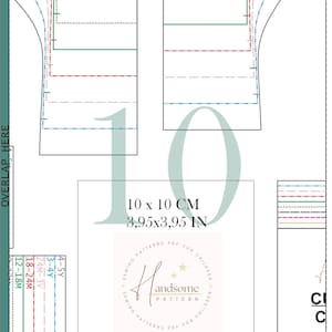 May include: A digital sewing pattern template for children's clothing featuring various colored dashed lines for different sizes, including 12-18M, 18-24M, 24M-3Y, 3-4Y, and 4-5Y. A central 10 x 10 cm or 3.95 x 3.95 in square guide and the Handsome Pattern logo.