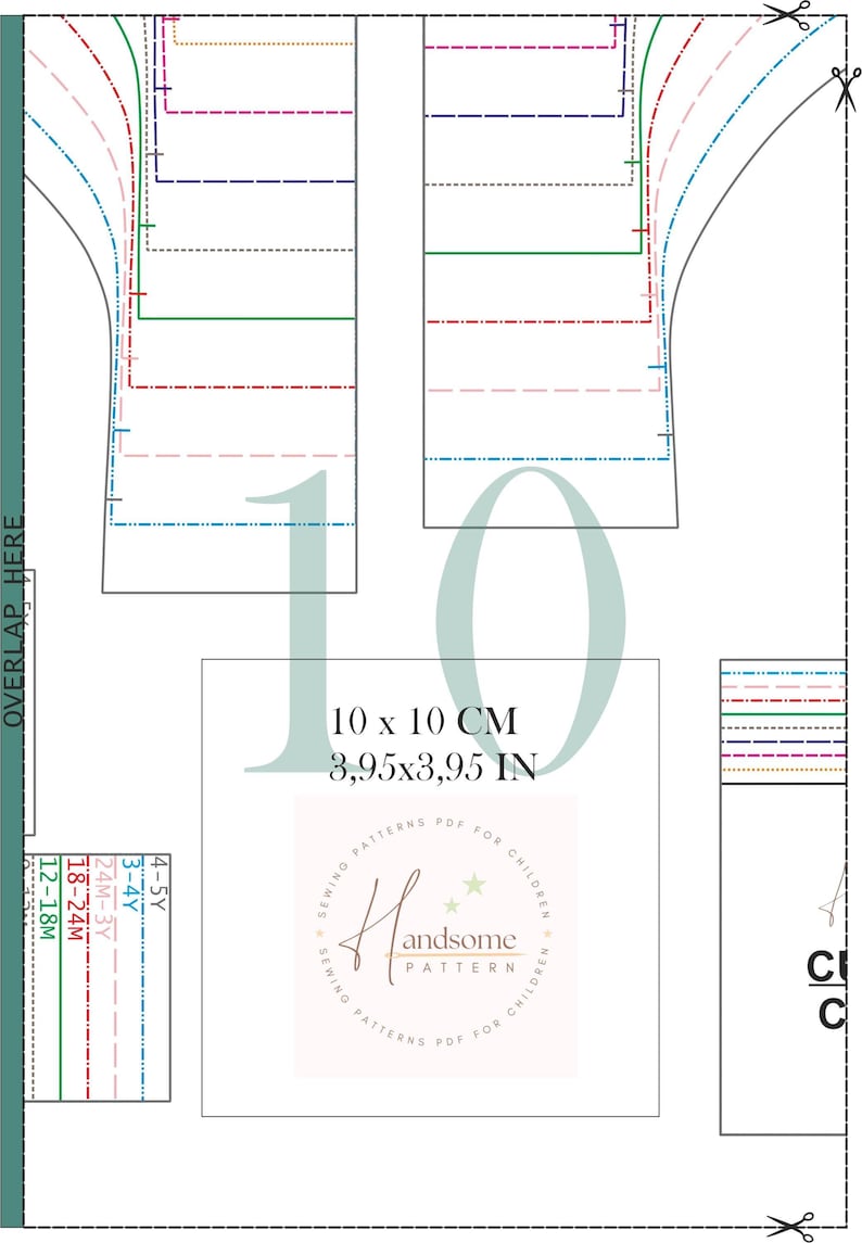 May include: A digital sewing pattern template for children's clothing featuring various colored dashed lines for different sizes, including 12-18M, 18-24M, 24M-3Y, 3-4Y, and 4-5Y. A central 10 x 10 cm or 3.95 x 3.95 in square guide and the Handsome Pattern logo.