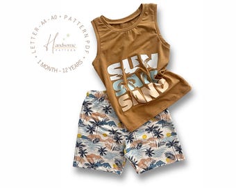 kids Tank top & shorts set sewing pattern PDF. Comfortable and versatile children's outfit, easy pattern, Sizes from 1 month up to 12 years.