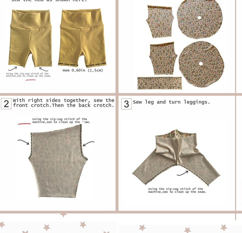 Puede incluir: Una gu&iacute;a de costura para leggings que muestra pantalones cortos amarillos con un dobladillo de 1,5 cm, piezas de tela con estampado floral e instrucciones paso a paso. El texto incluye 'Sew the hem as shown here', '2 with right sides together, sew the front crotch. Then the back crotch' y '3 Sew leg and turn leggings'.