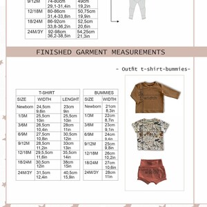 May include: Size chart for a t-shirt and matching bummers outfit. The chart shows measurements in inches and centimeters for sizes newborn to 24 months/3 years. The outfit is shown in a brown, white, and red color scheme.