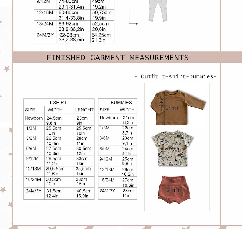 May include: Size chart for a t-shirt and matching bummers outfit. The chart shows measurements in inches and centimeters for sizes newborn to 24 months/3 years. The outfit is shown in a brown, white, and red color scheme.