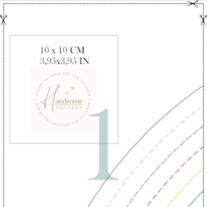 Puede incluir: Un documento de patr&oacute;n de costura digital que presenta un n&uacute;mero 1 grande, un cuadro con el texto 10 x 10 CM 3,95 x 3,95 IN y el logotipo Handsome Pattern Sewing Patterns PDF For Children. La p&aacute;gina incluye l&iacute;neas de corte y curvas.