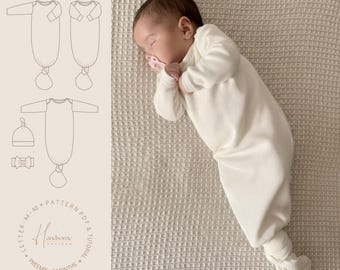 Patrón de costura para bata anudada para bebé (PDF, para prematuros de 9 meses, con diadema y gorro)