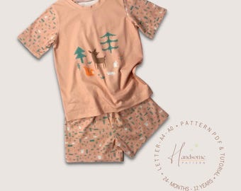 Two-piece set PDF pattern, kids T-shirt and shorts patterns, children's pajama sewing pattern PDF, loose-fitting pajama pattern for toddlers