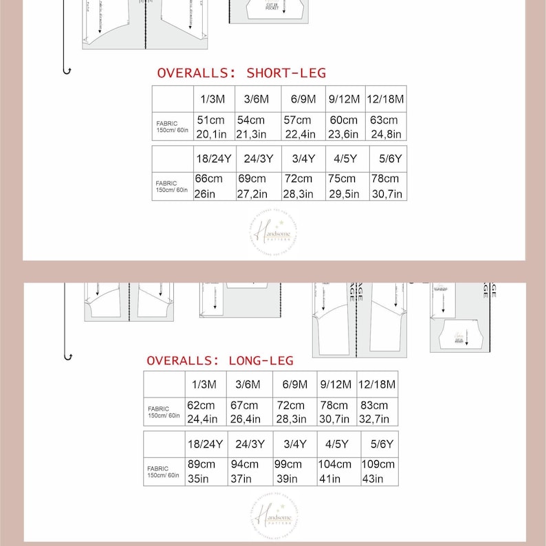 May include: Size chart for overalls, showing short-leg and long-leg measurements. Sizes range from 1/3M to 5/6Y, with measurements in centimetres and inches. Fabric requirements are also detailed in both cm and inches.