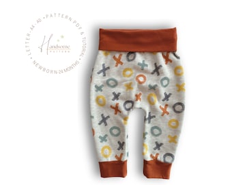 May include: Light gray baby pants featuring a repeating pattern of orange, yellow, and teal X and O symbols. The garment has a solid rust-colored waistband and matching ankle cuffs. Text on the left reads Handsome Pattern, Letter-A4-A0, Newborn-24 Months.