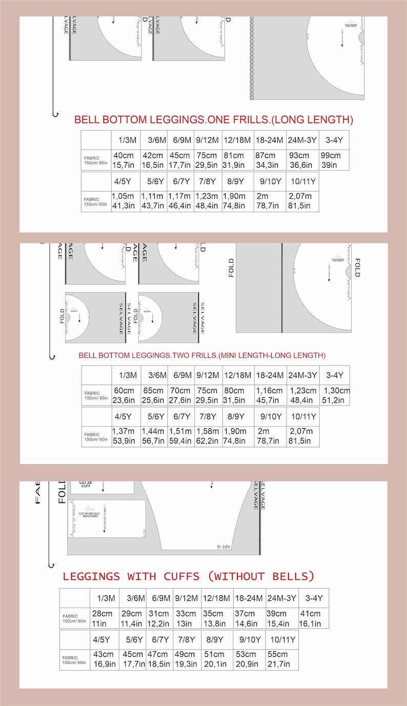 Puede incluir: Una gu&iacute;a de patr&oacute;n de costura para leggings acampanados y leggings con pu&ntilde;os, con diagramas t&eacute;cnicos y tablas de requisitos de tela en cm para tallas de 1/3M a 10/11Y, incluyendo etiquetas para el orillo, el doblez y estilos espec&iacute;ficos.