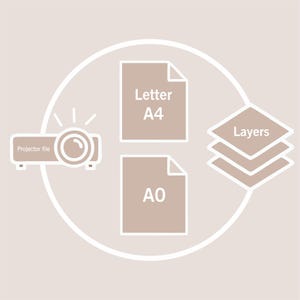 May include: A beige graphic featuring a projector icon labelled "Projector file", two document icons labelled "Letter A4" and "AO", and a stack of document icons labelled "Layers". The design is enclosed in a white circle.