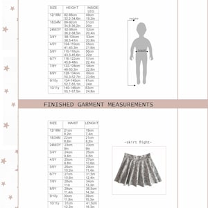 May include: A size chart for children's clothing featuring two tables labelled SIZE, HEIGHT, INSIDE LEG, WAIST, and LENGHT. It includes a silhouette diagram indicating height and waist measurements, and a photo of a skirt labelled skirt flight.
