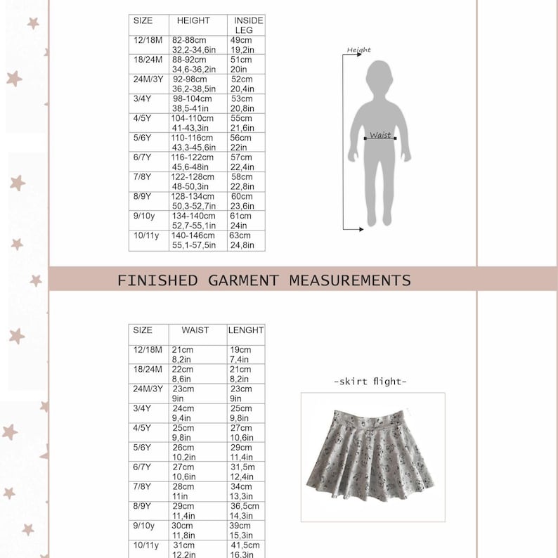 May include: A size chart for children's clothing featuring two tables labelled SIZE, HEIGHT, INSIDE LEG, WAIST, and LENGHT. It includes a silhouette diagram indicating height and waist measurements, and a photo of a skirt labelled skirt flight.