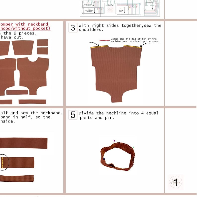 May include: A sewing instruction guide for a brown romper featuring numbered steps, diagrams of fabric pattern pieces, and illustrations showing how to sew the shoulders and attach the neckband with pins, including text instructions for each step.