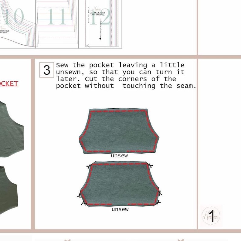 May include: A sewing pattern diagram with instructions. The image shows two pocket pieces with red dashed lines indicating stitching and the word "unsew". Text reads "Sew the pocket leaving a little unsewn..."