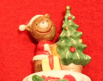 Oso de Papá Noel musical giratorio de cerámica vintage con árbol