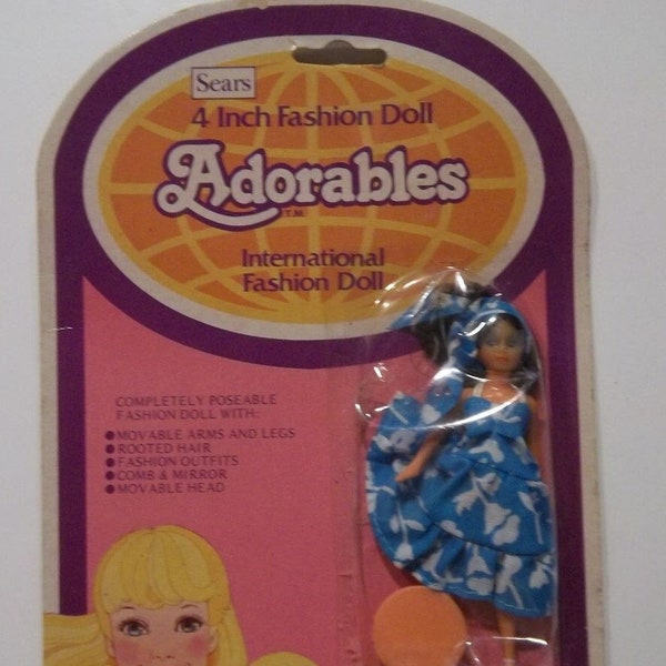 Vintage Sears Adorables 4" Fashion Doll in Blue & White Flowered Dress