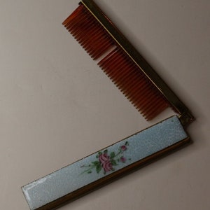 Vintage 1950s Brass and Light Blue Porcelain with Roses Folding Pocket Comb